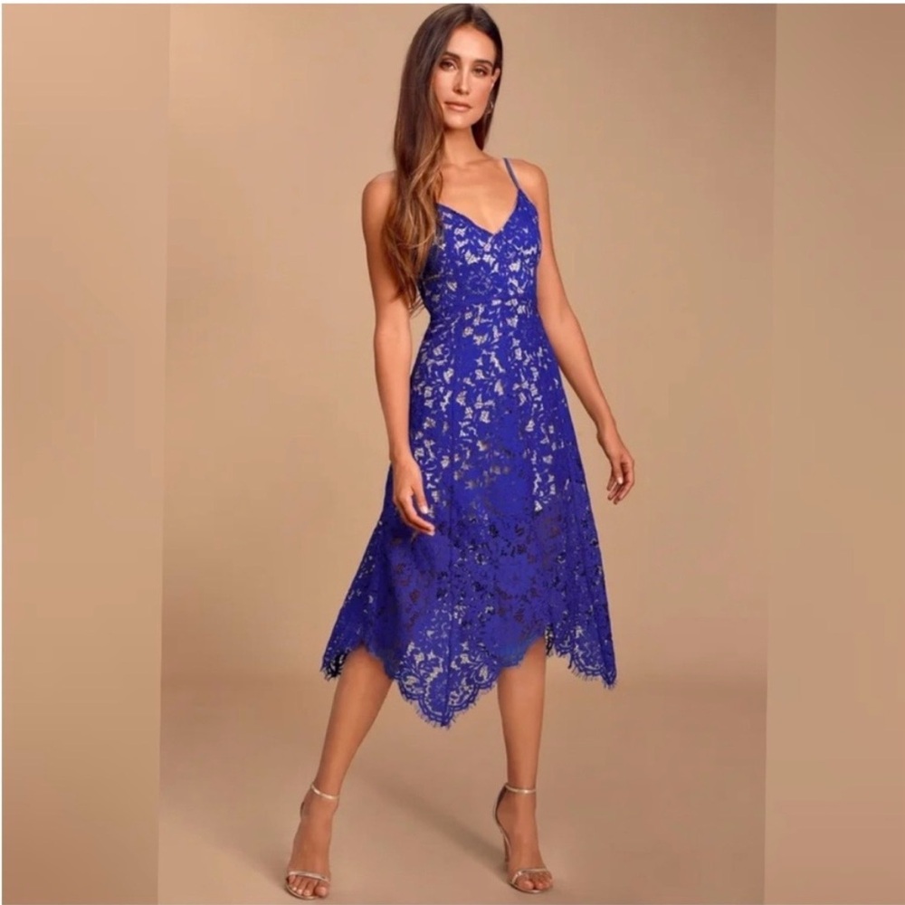 Lulu's Cobalt Blue Lace V-Neck Midi Dress